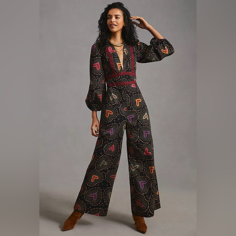 Anthropologie Farm Rio Deep-V Hearts Print Wide Leg Jumpsuit XS Boho